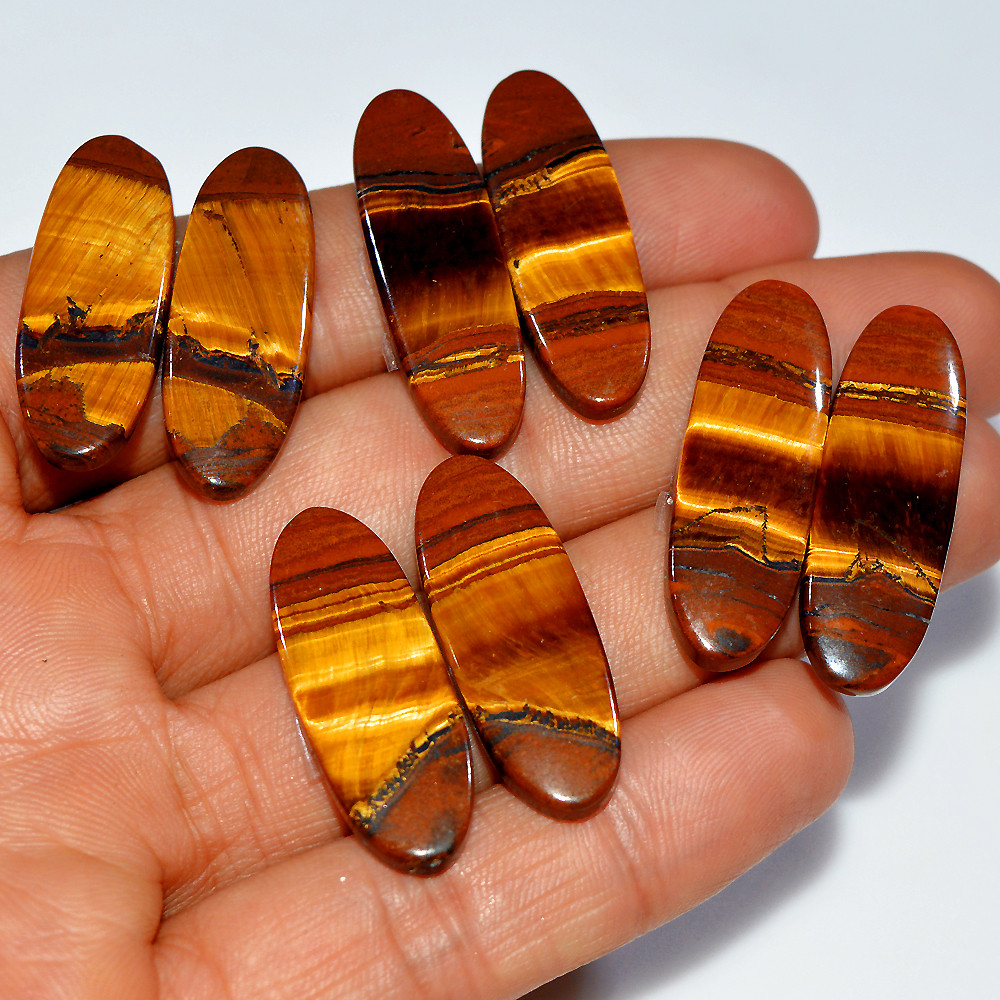 Image of 4 Pairs 137 Cts Natural Yellow Tiger Eye Cabochon Semi-Precious Gemstone Earrings Jewelry Making Pairs 33X10 30X10mm #17130