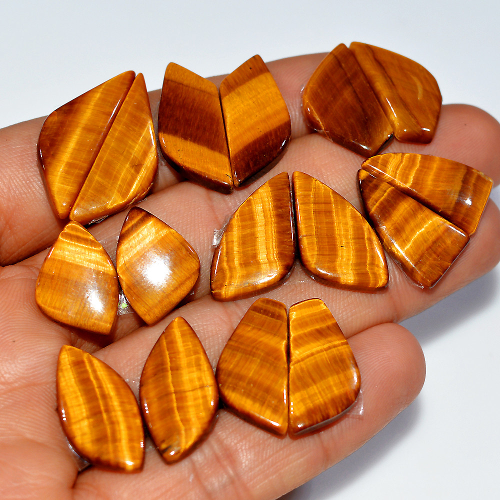 8 Pairs 141 Cts Natural Yellow Tiger Eye Cabochon Semi-Precious Gemstone Earrings Jewelry Making Pairs 27X9 17X10mm 17131