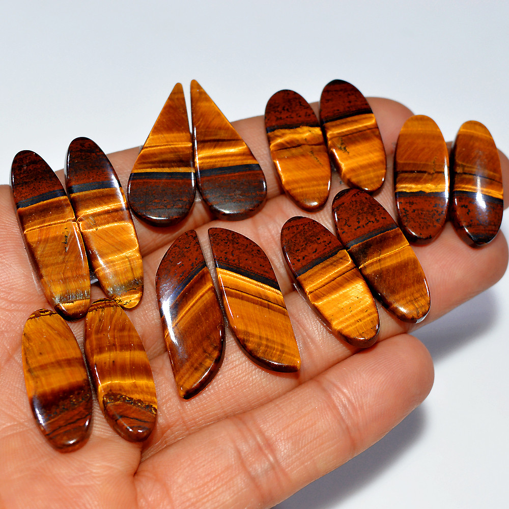 Image of 7 Pairs 180 Cts Natural Yellow Tiger Eye Cabochon Semi-Precious Gemstone Earrings Jewelry Making Pairs 33X9 25X9mm #17132