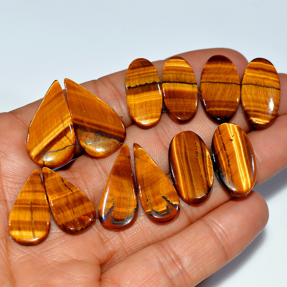 6 Pairs 141 Cts Natural Yellow Tiger Eye Cabochon Semi-Precious Gemstone Earrings Jewelry Making Pairs 26X13 20X10mm 17134