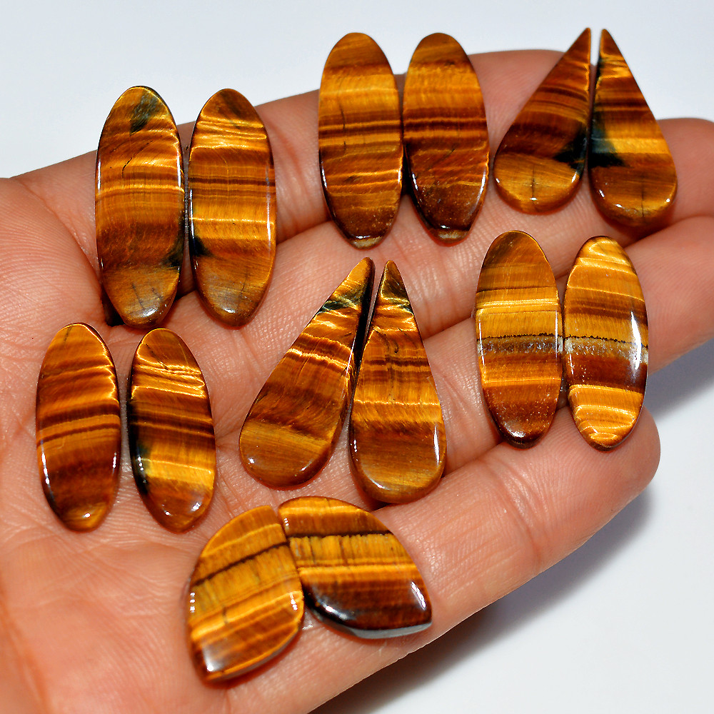 7 Pairs 160 Cts Natural Yellow Tiger Eye Cabochon Semi-Precious Gemstone Earrings Jewelry Making Pairs 30X10 20X10mm 17135