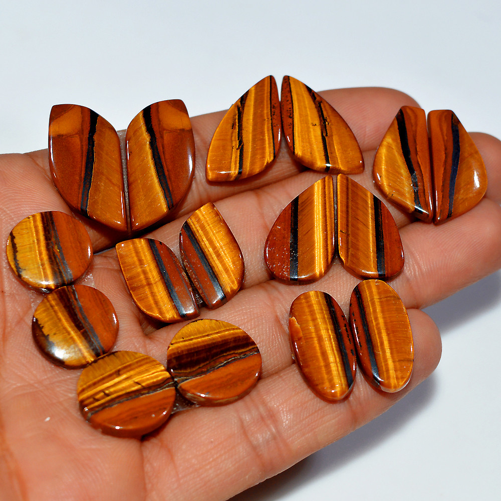 Image of 8 Pairs 171 Cts Natural Yellow Tiger Eye Cabochon Semi-Precious Gemstone Earrings Jewelry Making Pairs 27X11 14X14mm #17136