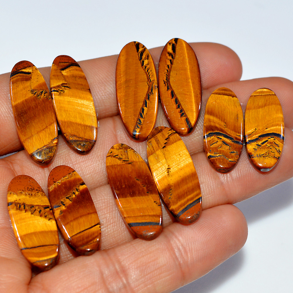 5 Pairs 119 Cts Natural Yellow Tiger Eye Cabochon Semi-Precious Gemstone Earrings Jewelry Making Pairs 29X10 23X9mm 17137