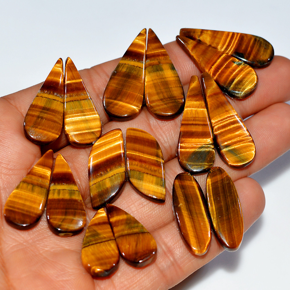 Image of 8 Pairs 176 Cts Natural Yellow Tiger Eye Cabochon Semi-Precious Gemstone Earrings Jewelry Making Pairs 30X10 23X9mm #17138