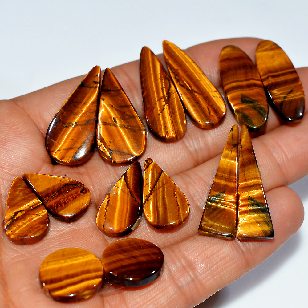 7 Pairs 143 Cts Natural Yellow Tiger Eye Cabochon Semi-Precious Gemstone Earrings Jewelry Making Pairs 30X10 14X14mm 17139