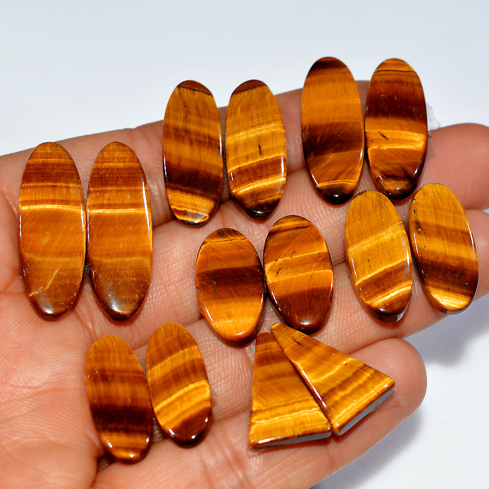 7 Pairs 151 Cts Natural Yellow Tiger Eye Cabochon Semi-Precious Gemstone Earrings Jewelry Making Pairs 30X10 20X11mm 17140