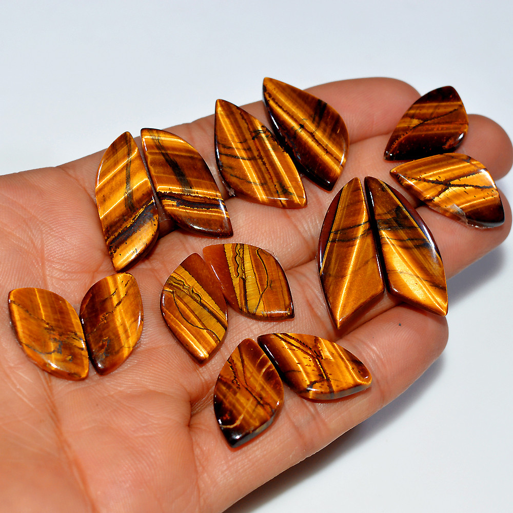 Image of 7 Pairs 155 Cts Natural Yellow Tiger Eye Cabochon Semi-Precious Gemstone Earrings Jewelry Making Pairs 30X10 20X10mm #17142