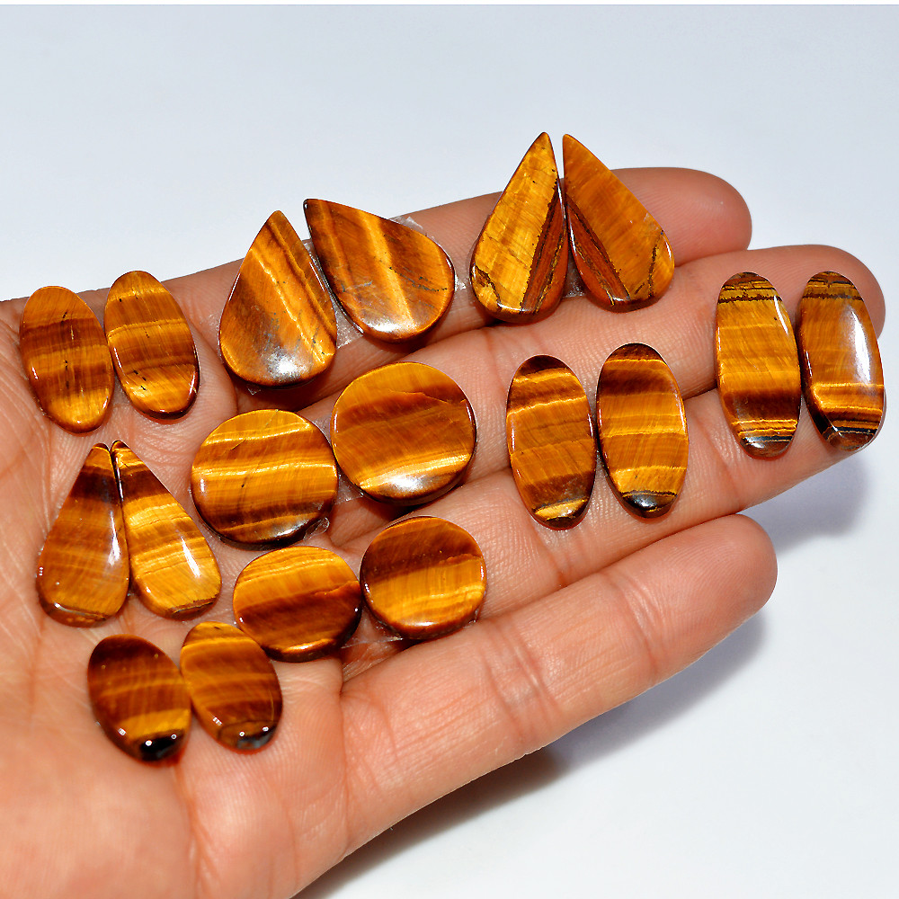 Image of 9 Pairs 180 Cts Natural Yellow Tiger Eye Cabochon Semi-Precious Gemstone Earrings Jewelry Making Pairs 25X10 14X14mm #17143