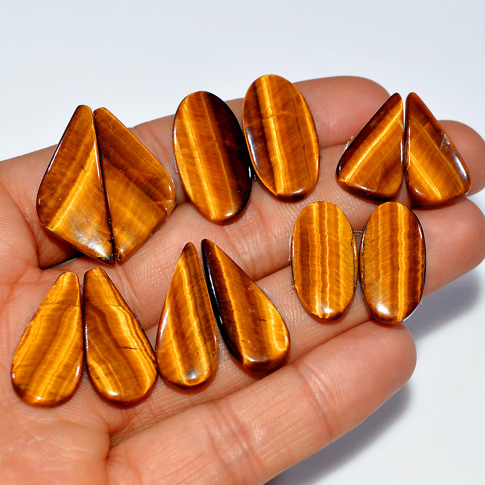 6 Pairs 134 Cts Natural Yellow Tiger Eye Cabochon Semi-Precious Gemstone Earrings Jewelry Making Pairs 30X10 20X10mm 17144