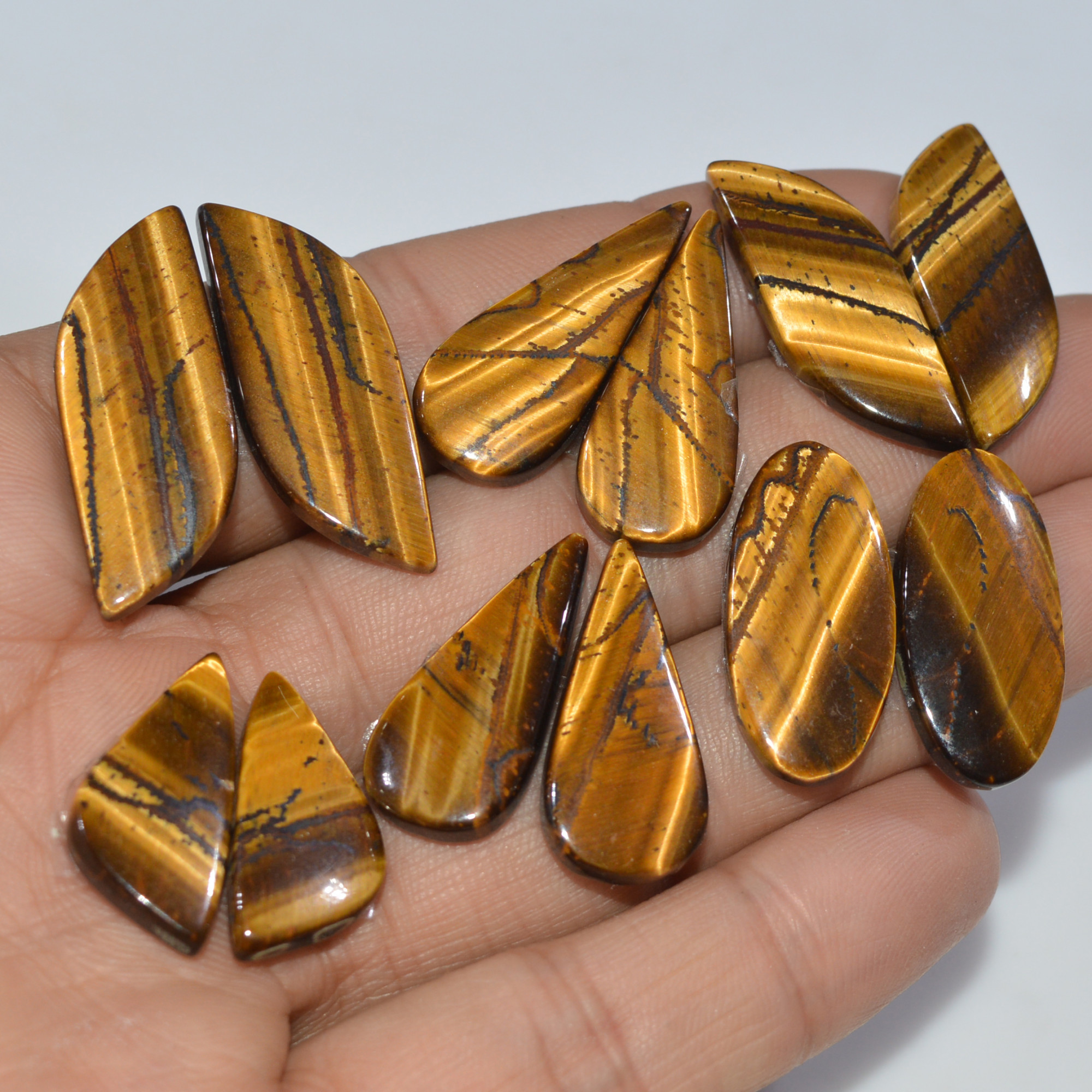 6 Pairs 146 Cts Natural Yellow Tiger Eye Cabochon Semi-Precious Gemstone Earrings Jewelry Making Pairs 31X10 22X10mm 17146