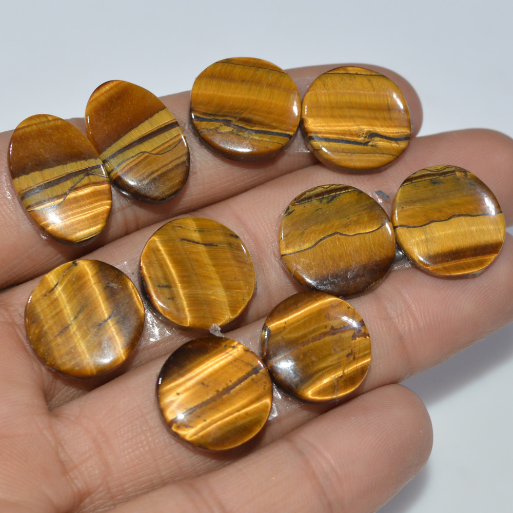 Image of 5 Pairs 96 Cts Natural Yellow Tiger Eye Cabochon Semi-Precious Gemstone Earrings Jewelry Making Pairs 19X10 14X14mm #17147