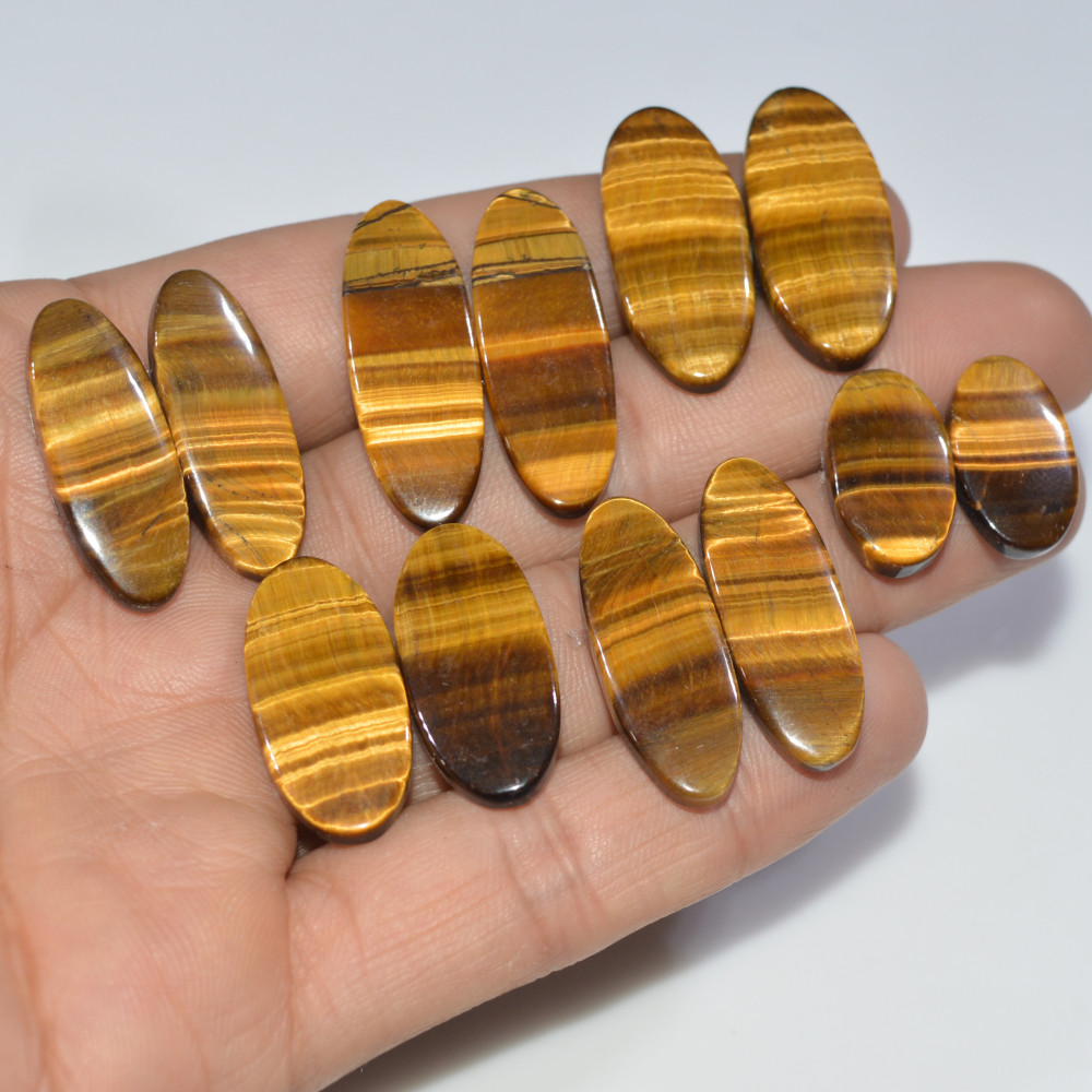 Image of 6 Pairs 155 Cts Natural Yellow Tiger Eye Cabochon Semi-Precious Gemstone Earrings Jewelry Making Pairs 30X10 19X10mm #17148