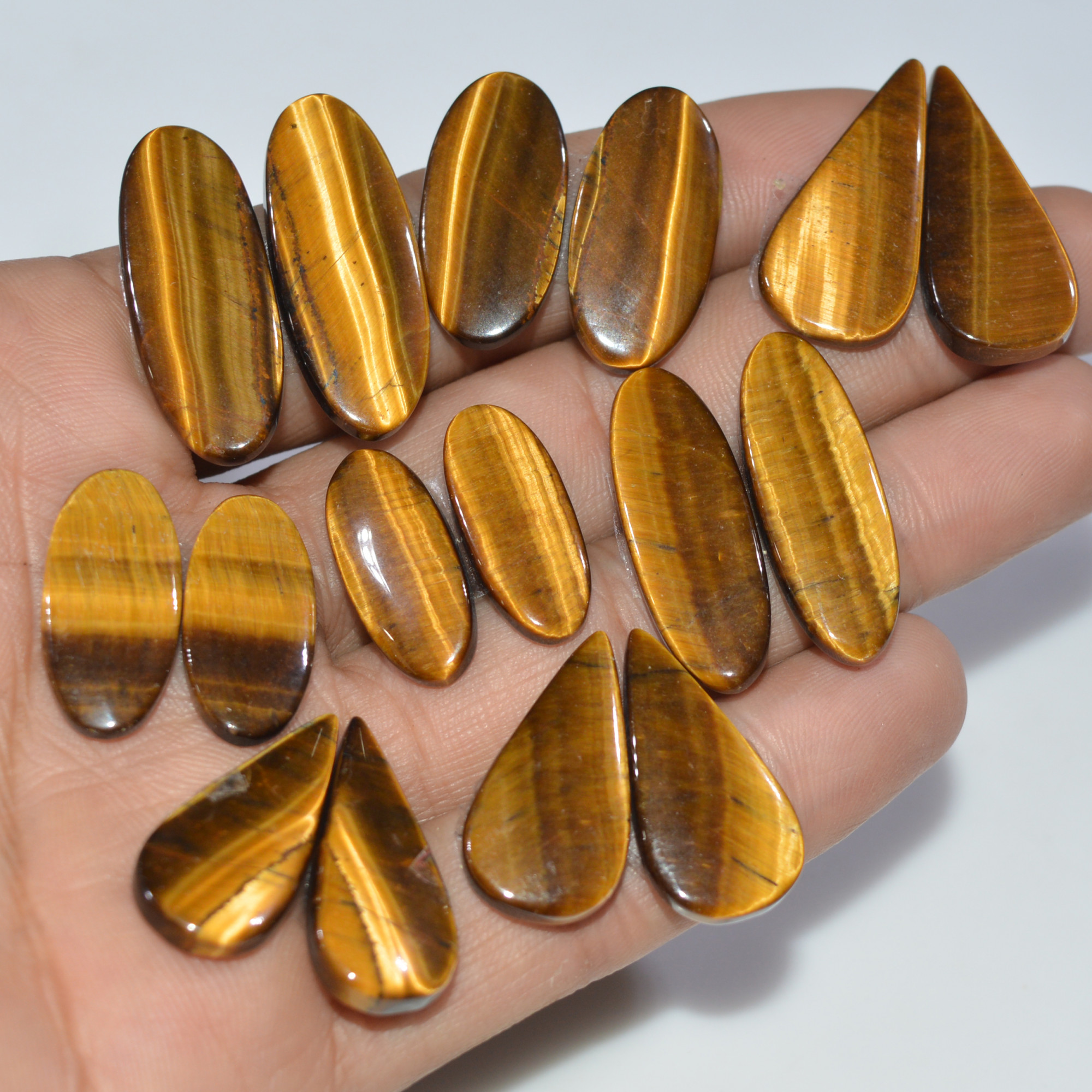 8 Pairs 181 Cts Natural Yellow Tiger Eye Cabochon Semi-Precious Gemstone Earrings Jewelry Making Pairs 30X10 21X9mm 17150