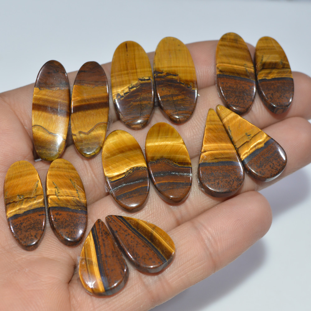 Image of 7 Pairs 173 Cts Natural Yellow Tiger Eye Cabochon Semi-Precious Gemstone Earrings Jewelry Making Pairs 28X9 20X10mm #17151