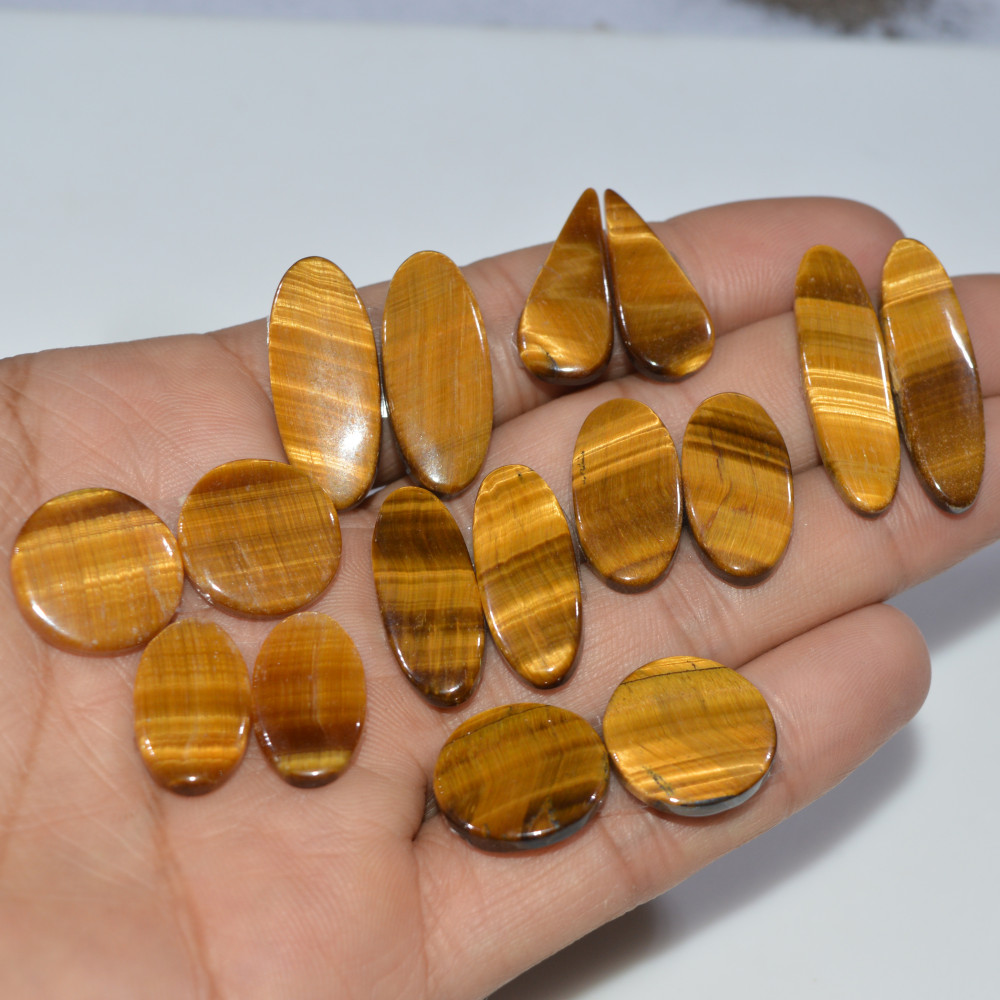 Image of 8 Pairs 159 Cts Natural Yellow Tiger Eye Cabochon Semi-Precious Gemstone Earrings Jewelry Making Pairs 30X9 15X15mm #17152
