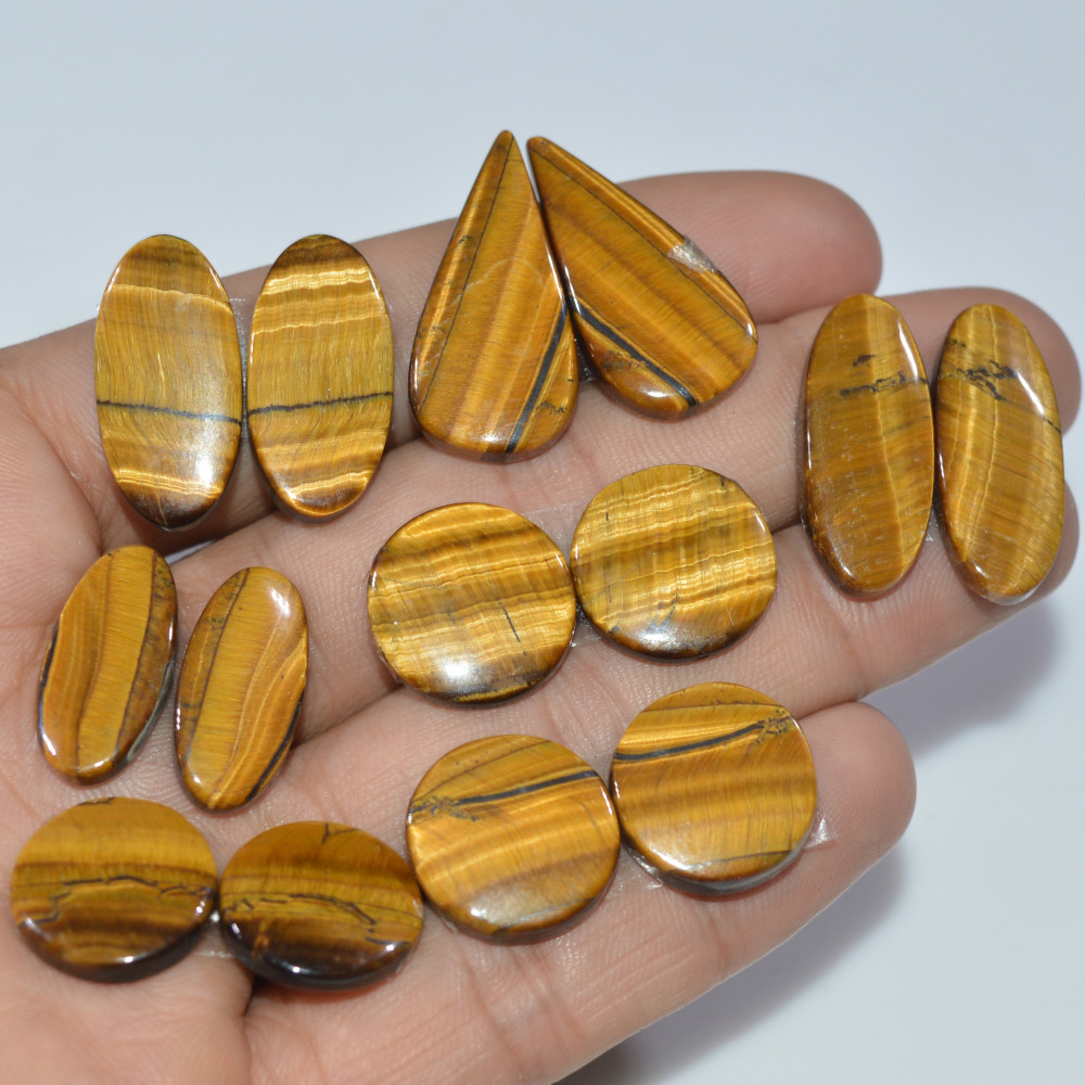 Image of 7 Pairs 155 Cts Natural Yellow Tiger Eye Cabochon Semi-Precious Gemstone Earrings Jewelry Making Pairs 29X11 14X14mm #17153