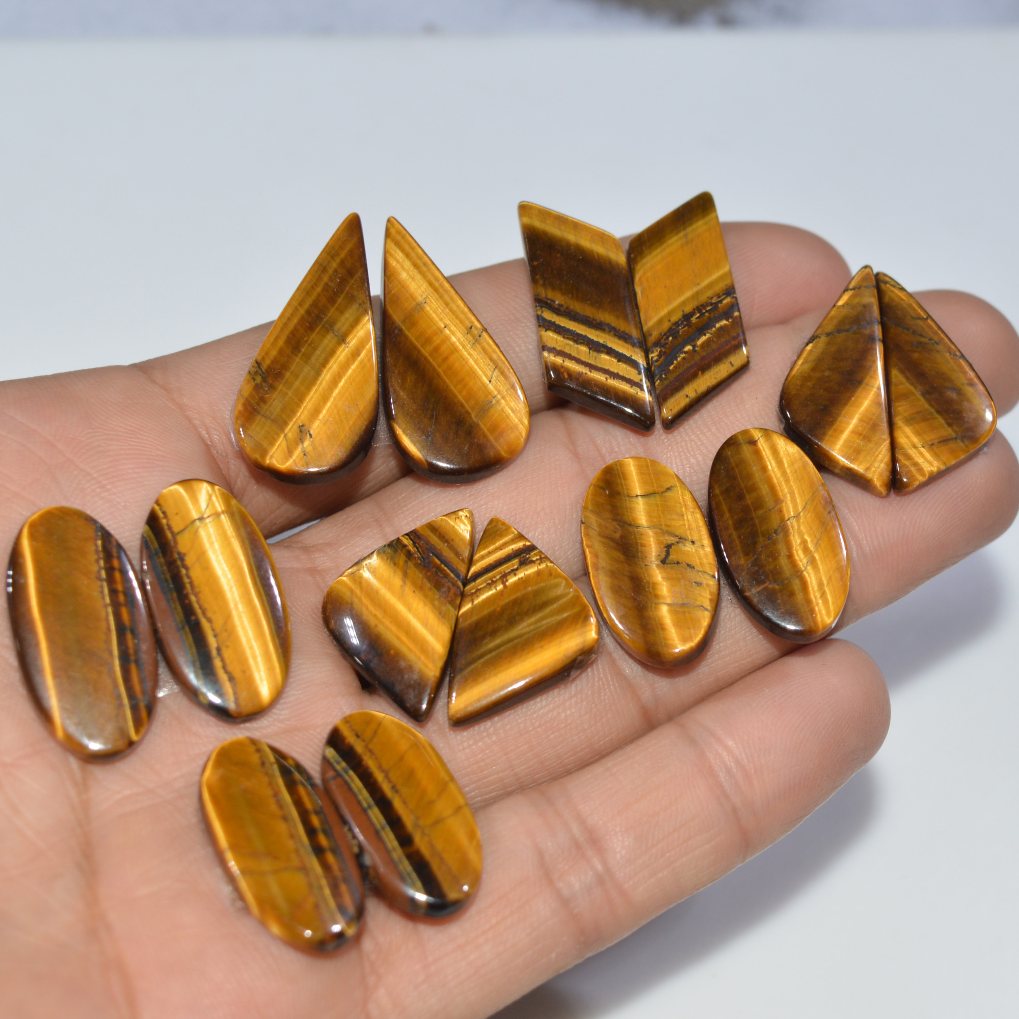 7 Pairs 162 Cts Natural Yellow Tiger Eye Cabochon Semi-Precious Gemstone Earrings Jewelry Making Pairs 30X14 21X12mm 17154