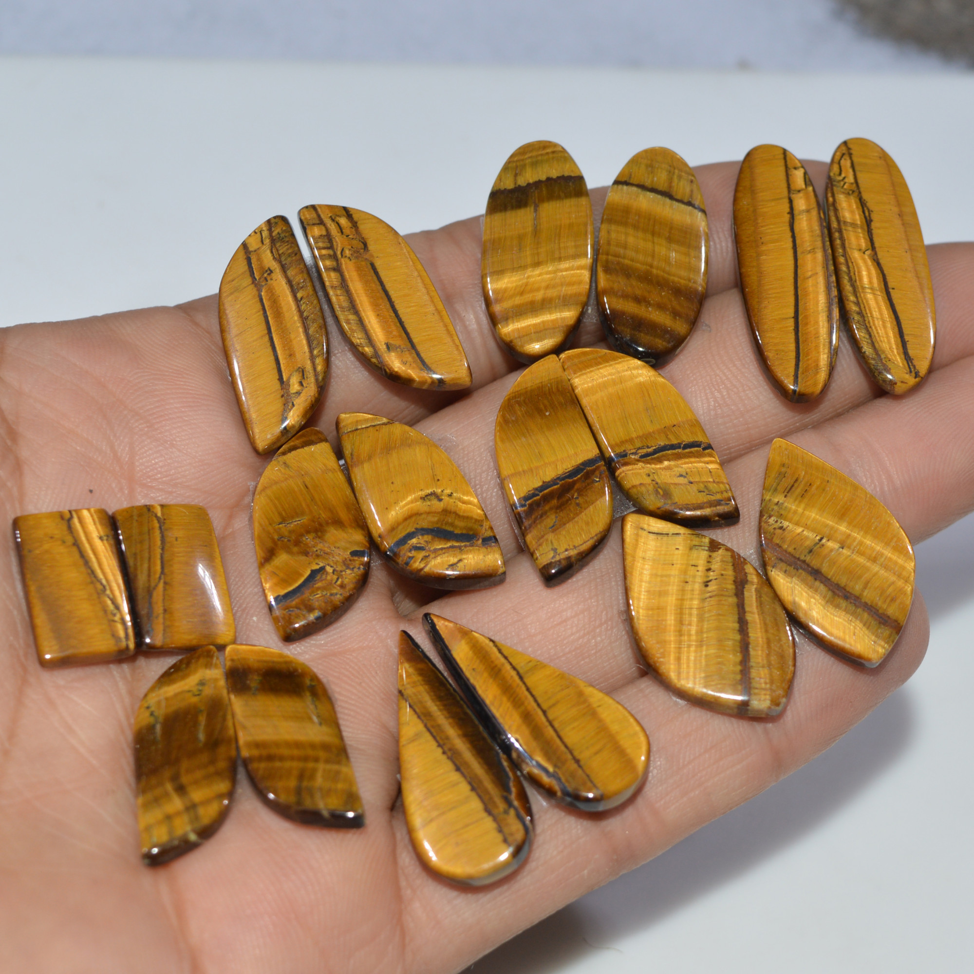 9 Pairs 188 Cts Natural Yellow Tiger Eye Cabochon Semi-Precious Gemstone Earrings Jewelry Making Pairs 30X9 14X9mm 17155