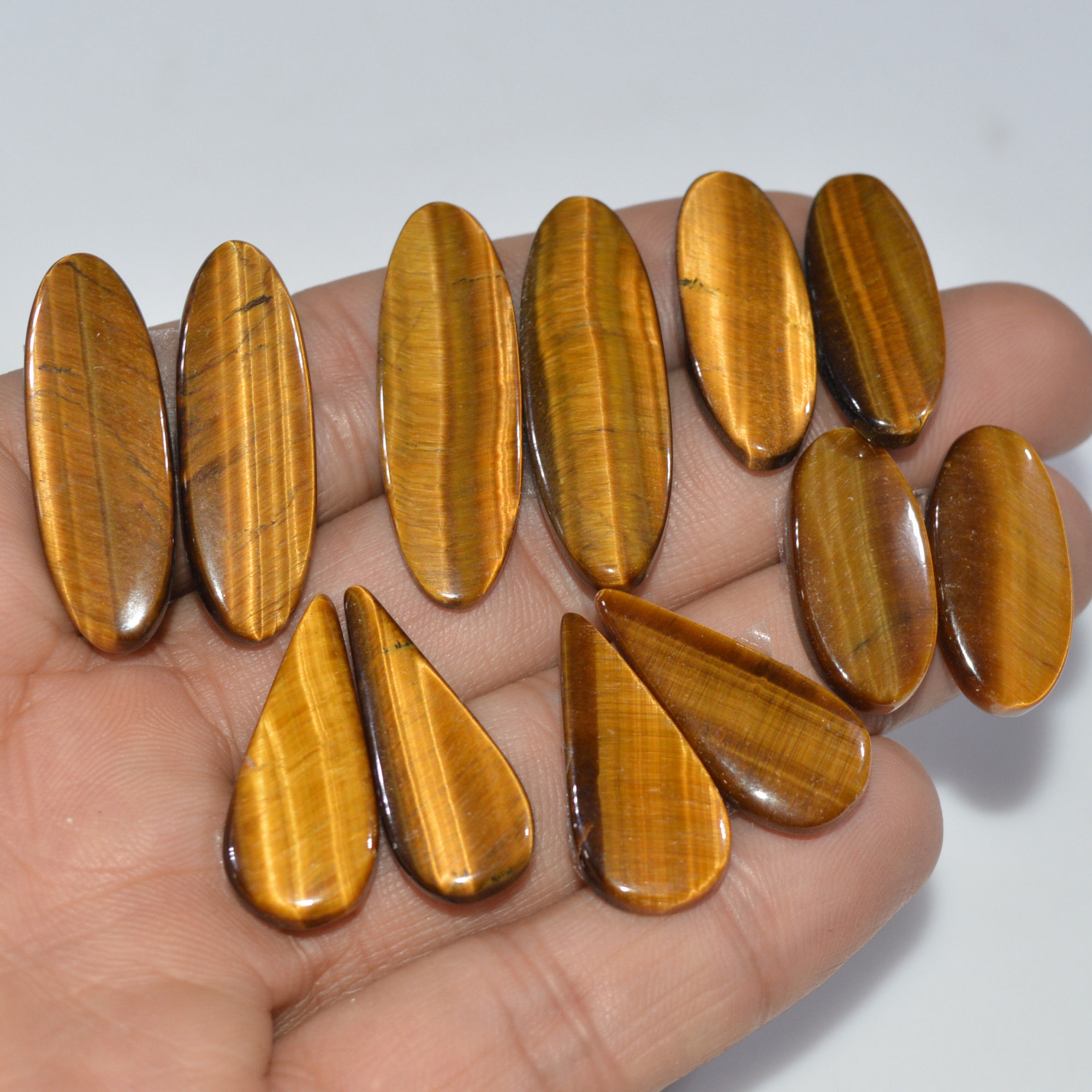 6 Pairs 138 Cts Natural Yellow Tiger Eye Cabochon Semi-Precious Gemstone Earrings Jewelry Making Pairs 34X10 21X10mm 17156