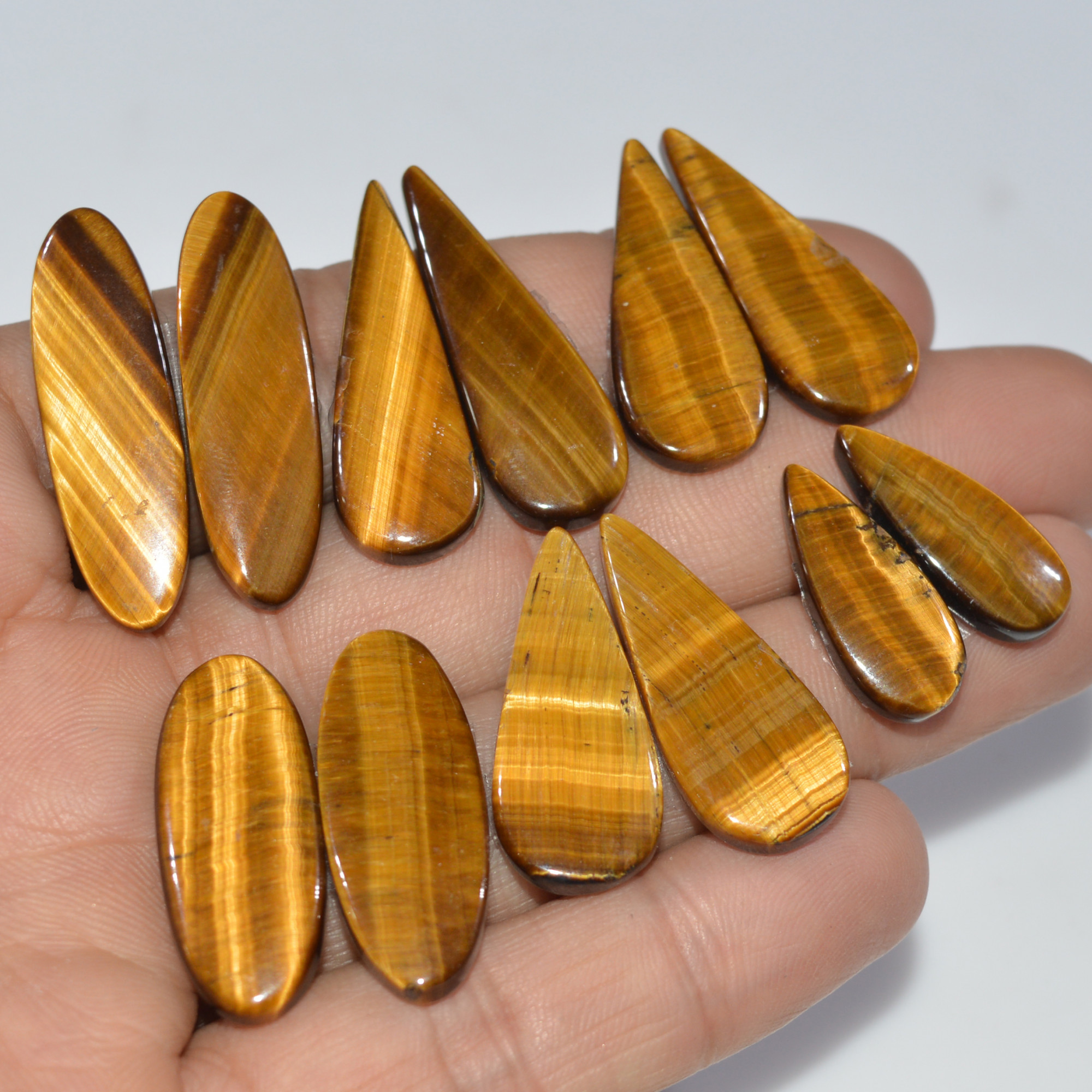 6 Pairs 143 Cts Natural Yellow Tiger Eye Cabochon Semi-Precious Gemstone Earrings Jewelry Making Pairs 32X9 20X9mm 17157