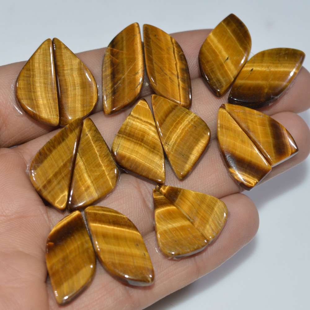 Image of 8 Pairs 156 Cts Natural Yellow Tiger Eye Cabochon Semi-Precious Gemstone Earrings Jewelry Making Pairs 29X10 20X10mm #17158