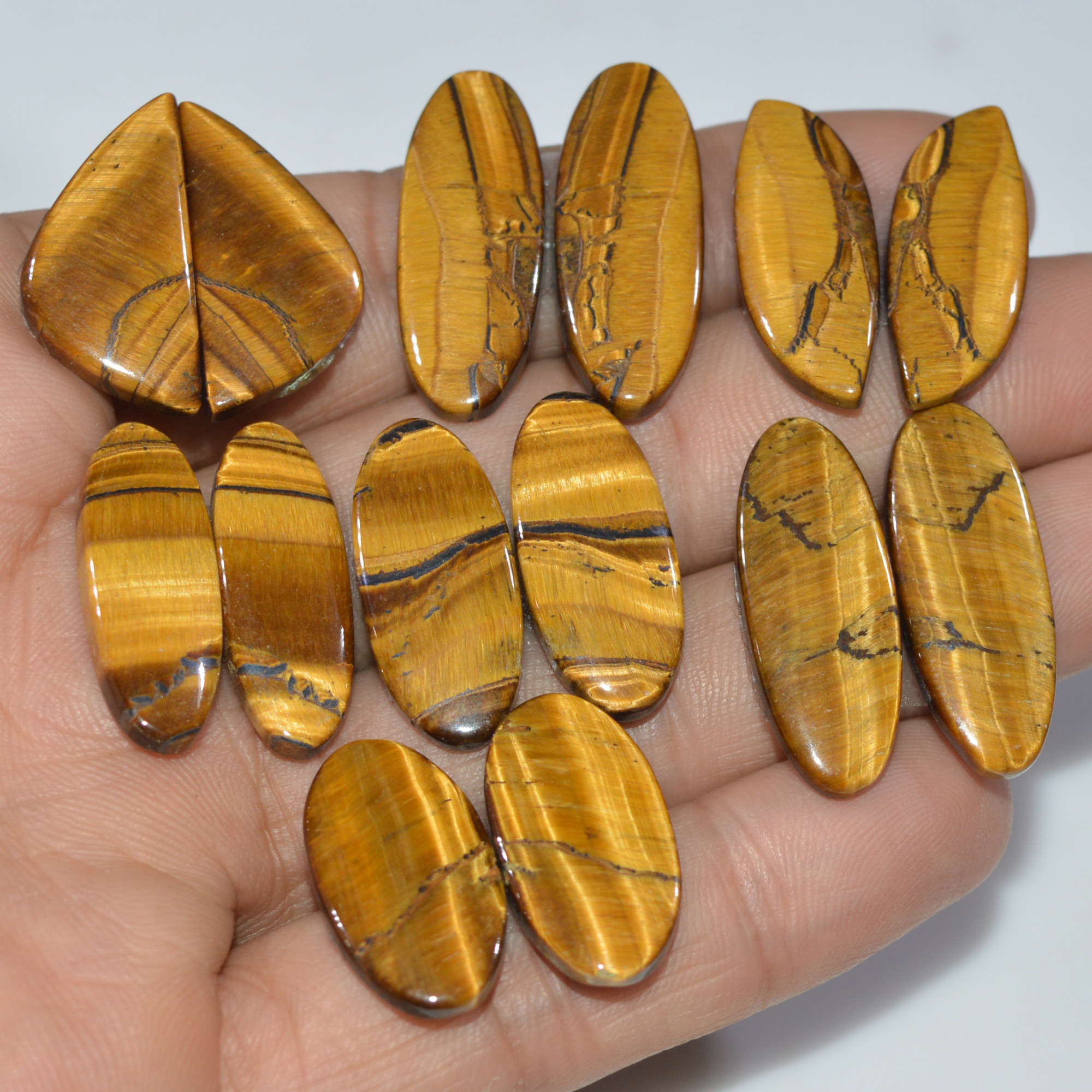 7 Pairs 161 Cts Natural Yellow Tiger Eye Cabochon Semi-Precious Gemstone Earrings Jewelry Making Pairs 29X10 24X10mm 17159