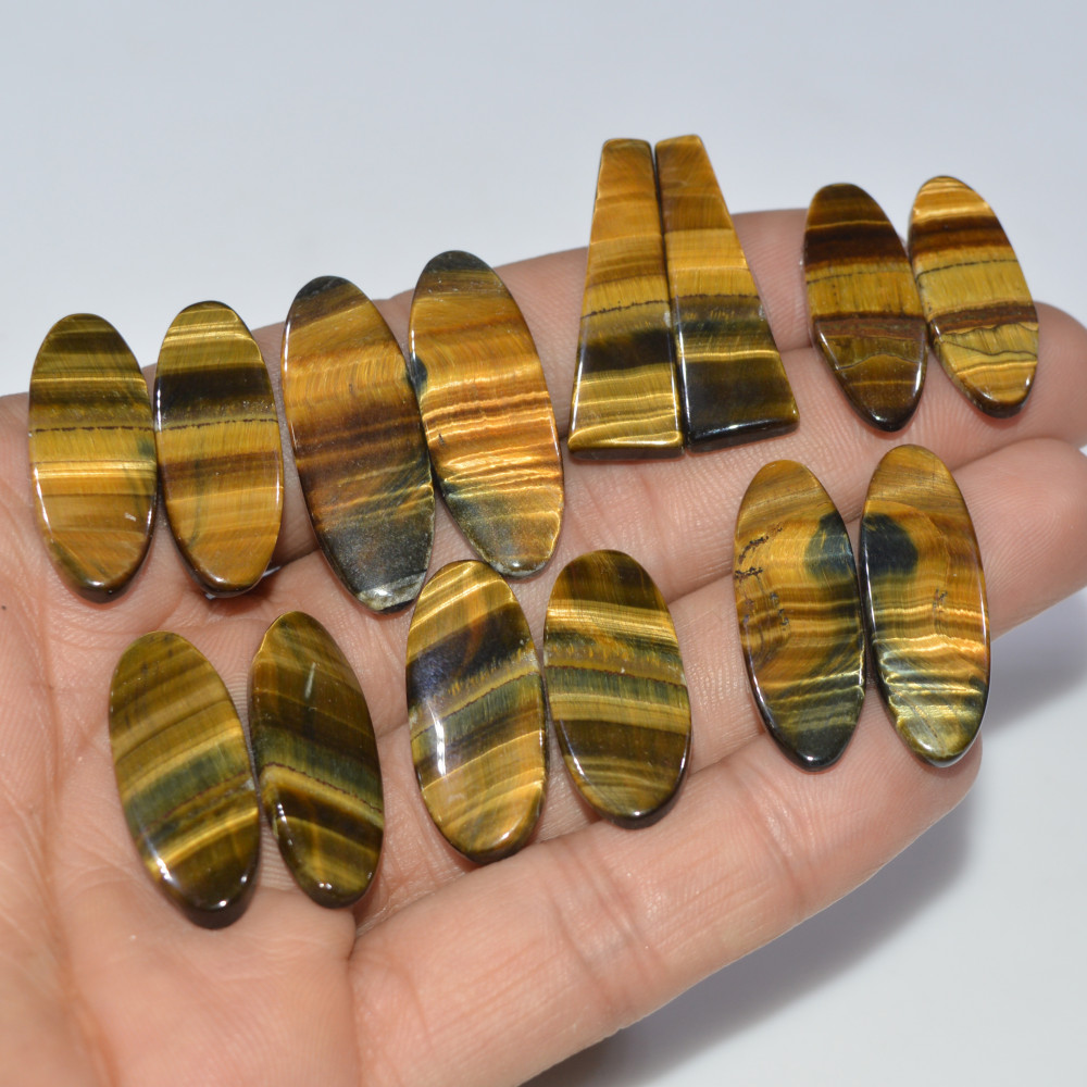 Image of 7 Pairs 172 Cts Natural Yellow Tiger Eye Cabochon Semi-Precious Gemstone Earrings Jewelry Making Pairs 30X9 25X9mm #17160
