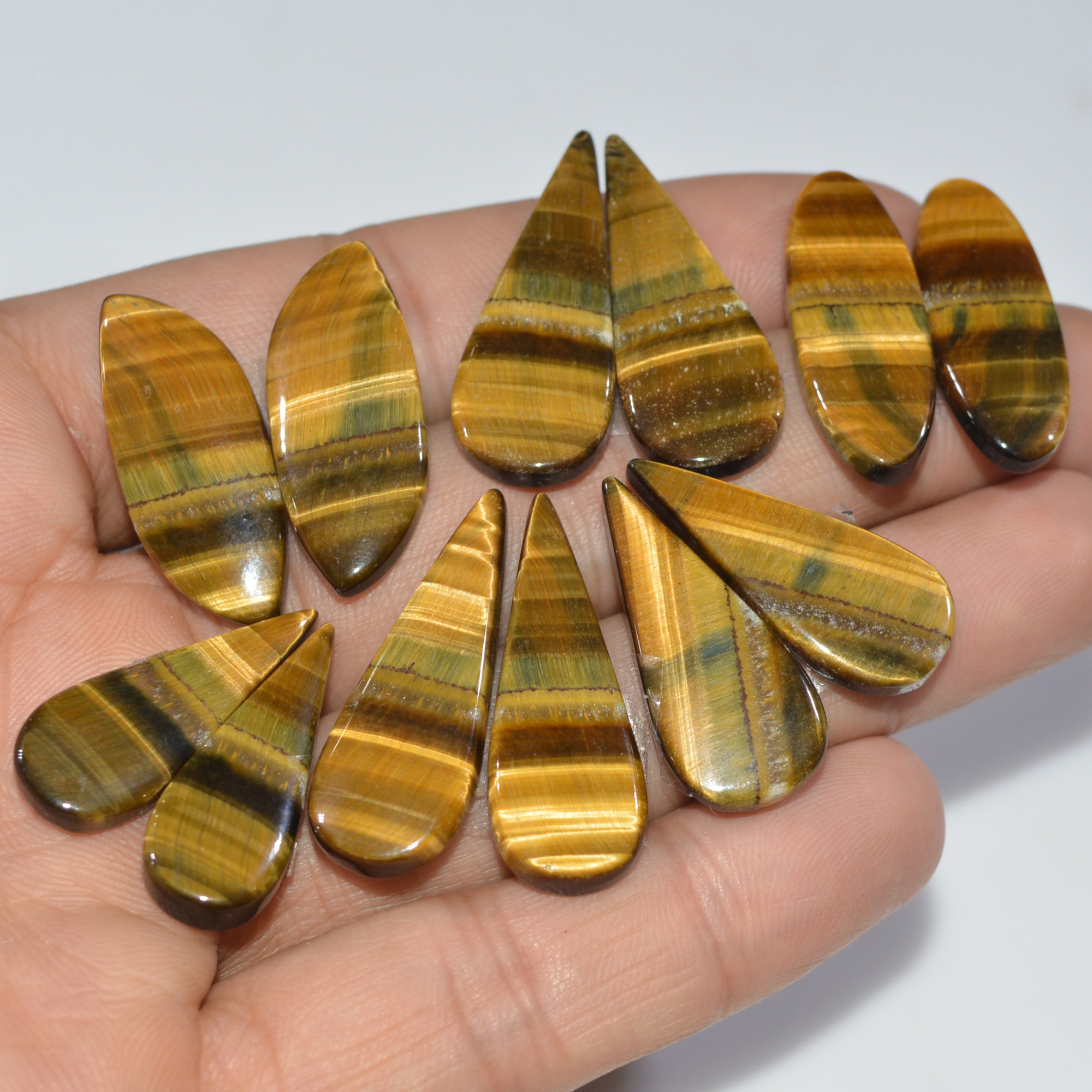 6 Pairs 141 Cts Natural Yellow Tiger Eye Cabochon Semi-Precious Gemstone Earrings Jewelry Making Pairs 30X10 25X9mm 17162