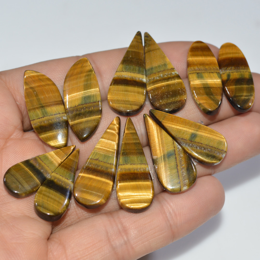 Image of 6 Pairs 141 Cts Natural Yellow Tiger Eye Cabochon Semi-Precious Gemstone Earrings Jewelry Making Pairs 30X10 25X9mm #17162