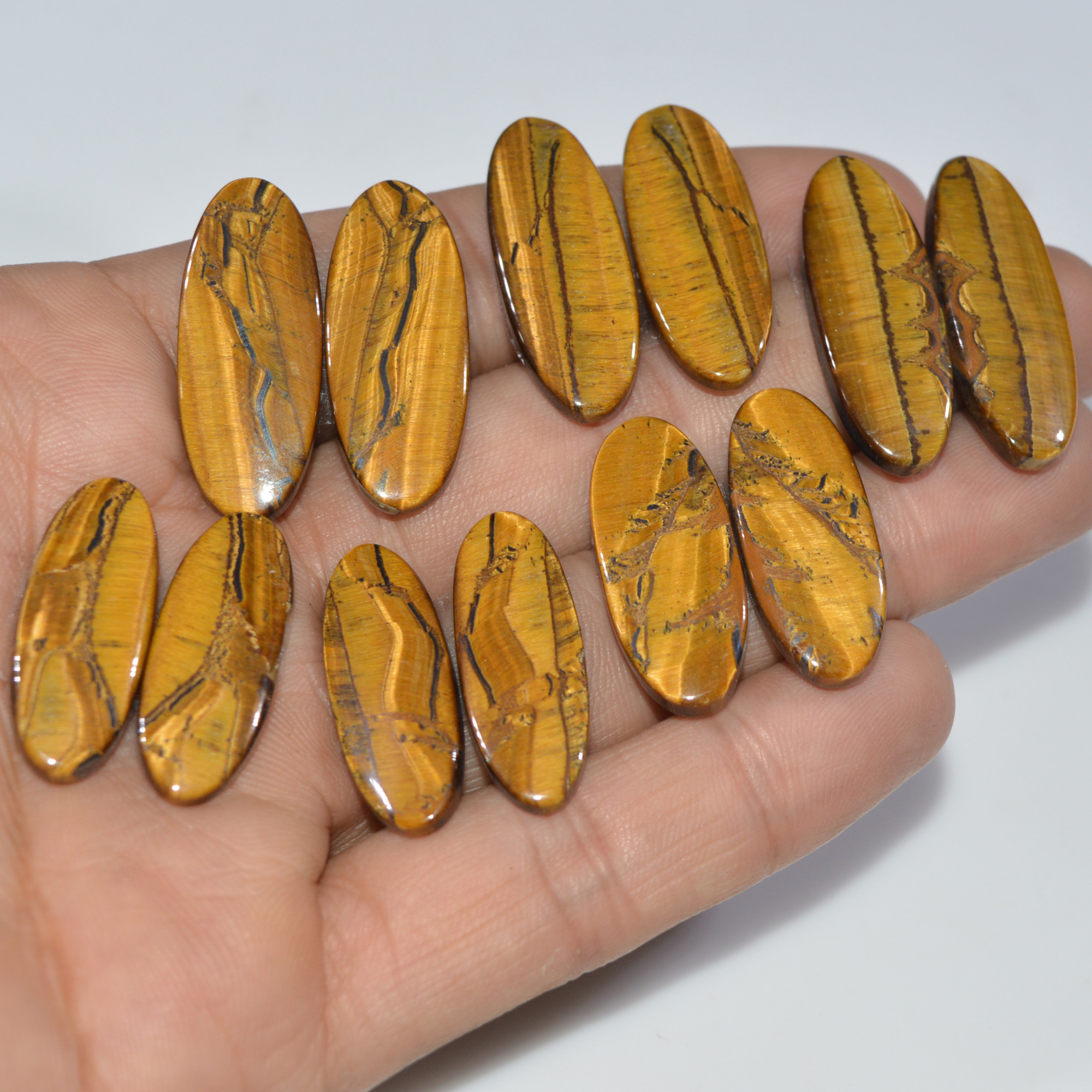 6 Pairs 172 Cts Natural Yellow Tiger Eye Cabochon Semi-Precious Gemstone Earrings Jewelry Making Pairs 30X10 25X10mm 17163