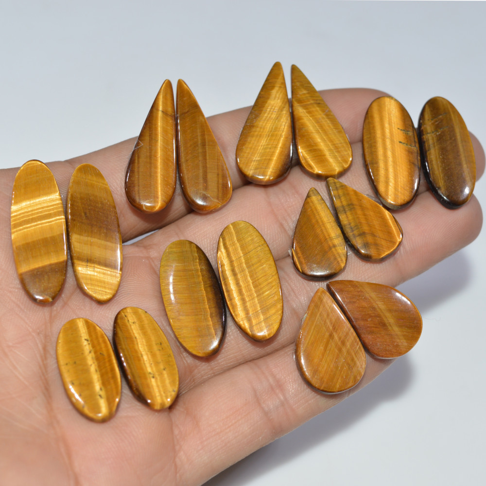 Image of 8 Pairs 185 Cts Natural Yellow Tiger Eye Cabochon Semi-Precious Gemstone Earrings Jewelry Making Pairs 30X10 20X14mm #17164