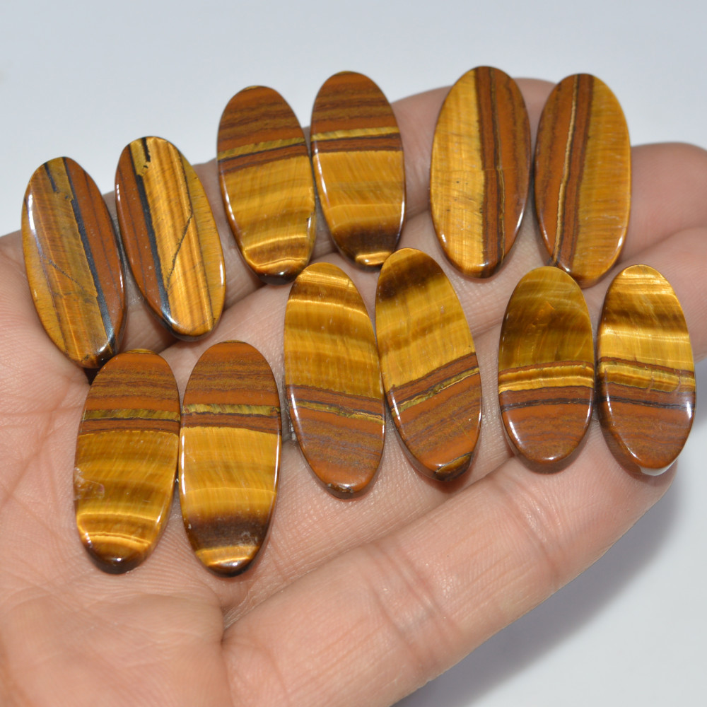 Image of 6 Pairs 176 Cts Natural Yellow Tiger Eye Cabochon Semi-Precious Gemstone Earrings Jewelry Making Pairs 29X10 25X10mm #17165