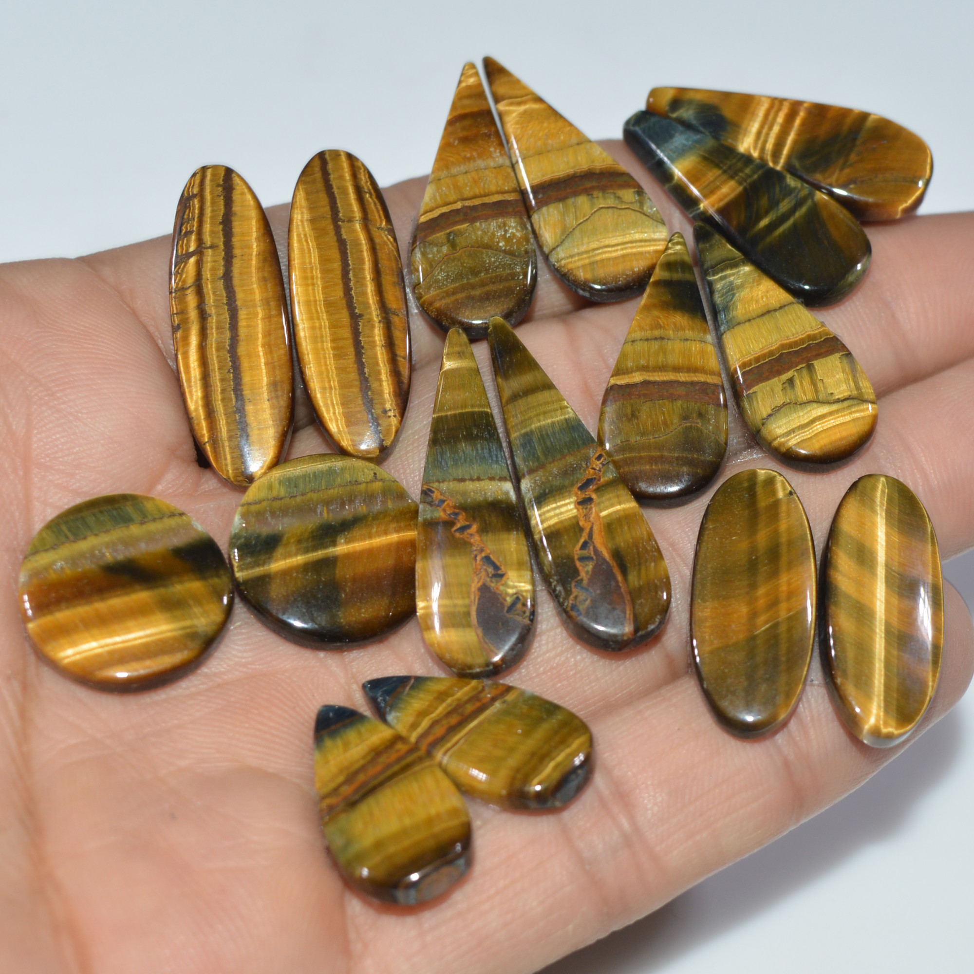 8 Pairs 169 Cts Natural Yellow Tiger Eye Cabochon Semi-Precious Gemstone Earrings Jewelry Making Pairs 31X9 15X15mm 17166