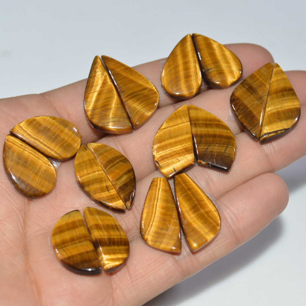 Image of 8 Pairs 166 Cts Natural Yellow Tiger Eye Cabochon Semi-Precious Gemstone Earrings Jewelry Making Pairs 29X10 20X11mm #17167