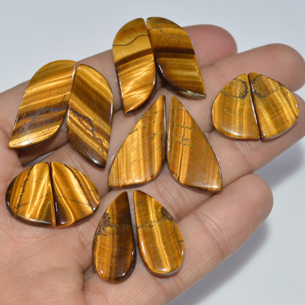 Image of 6 Pairs 141 Cts Natural Yellow Tiger Eye Cabochon Semi-Precious Gemstone Earrings Jewelry Making Pairs 30X10 19X10mm #17168
