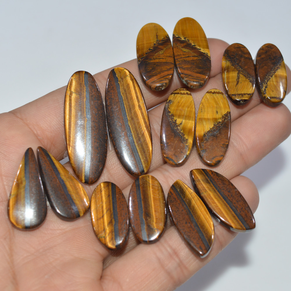 Image of 7 Pairs 187 Cts Natural Yellow Tiger Eye Cabochon Semi-Precious Gemstone Earrings Jewelry Making Pairs 35X11 20X10mm #17169