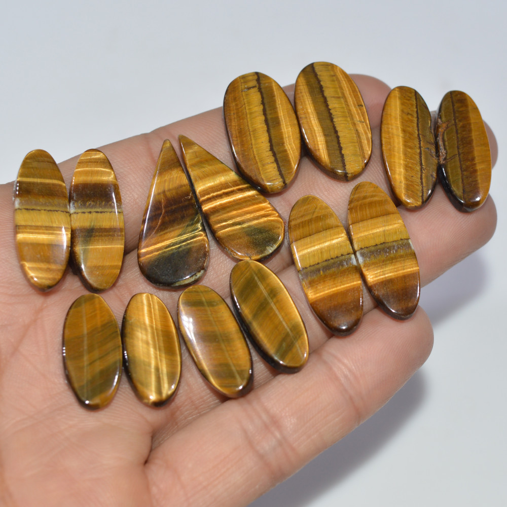 Image of 7 Pairs 163 Cts Natural Yellow Tiger Eye Cabochon Semi-Precious Gemstone Earrings Jewelry Making Pairs 29X11 20X10mm #17170