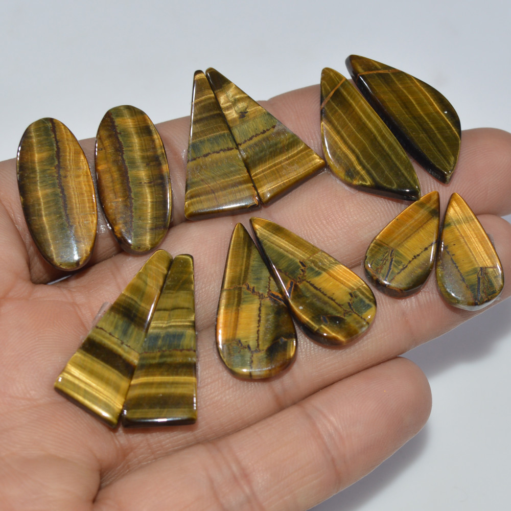Image of 6 Pairs 124 Cts Natural Yellow Tiger Eye Cabochon Semi-Precious Gemstone Earrings Jewelry Making Pairs 30X10 19X10mm #17171