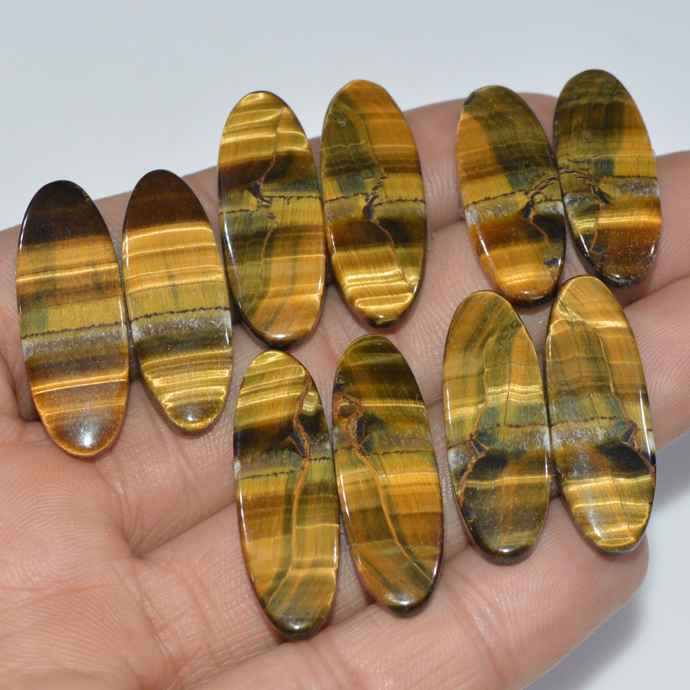 Image of 5 Pairs 145 Cts Natural Yellow Tiger Eye Cabochon Semi-Precious Gemstone Earrings Jewelry Making Pairs 31X9 28X10mm #17172