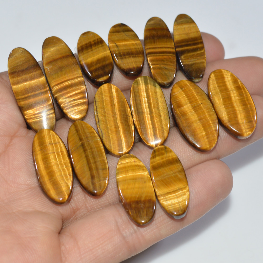 Image of 7 Pairs 176 Cts Natural Yellow Tiger Eye Cabochon Semi-Precious Gemstone Earrings Jewelry Making Pairs 30X10 20X9mm #17173