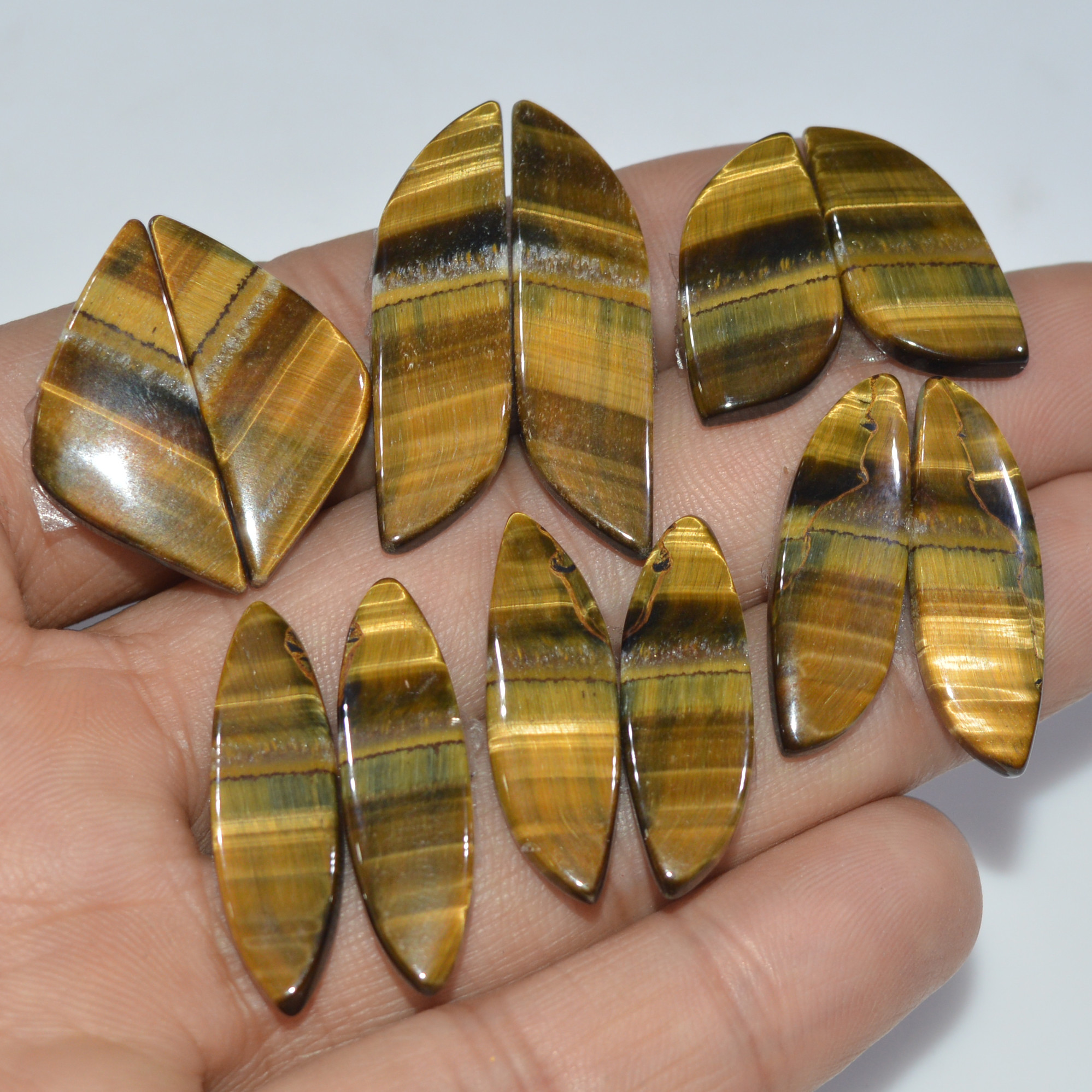 6 Pairs 109 Cts Natural Yellow Tiger Eye Cabochon Semi-Precious Gemstone Earrings Jewelry Making Pairs 35X9 22X10mm 17174
