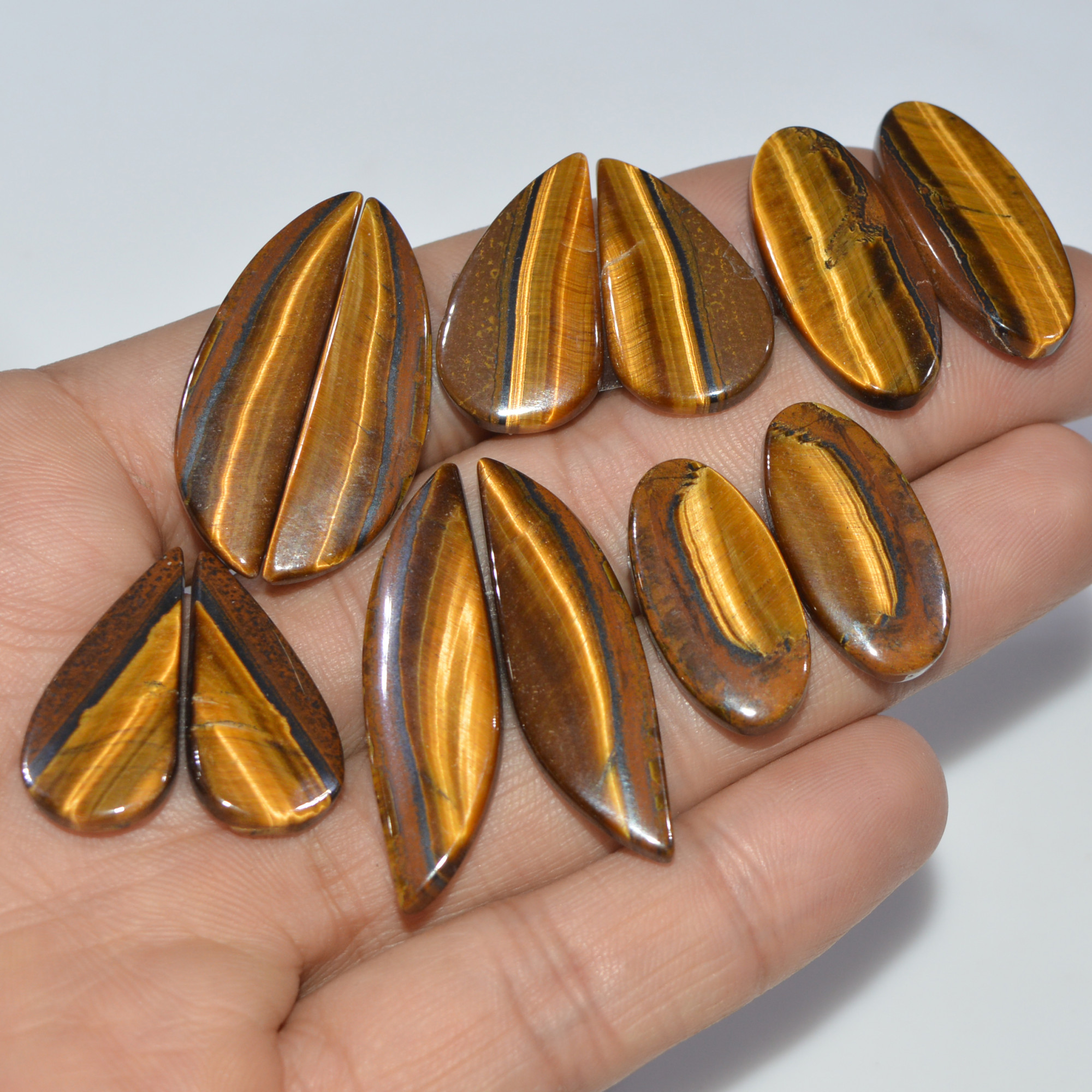 6 Pairs 159 Cts Natural Yellow Tiger Eye Cabochon Semi-Precious Gemstone Earrings Jewelry Making Pairs 35X9 22X10mm 17175