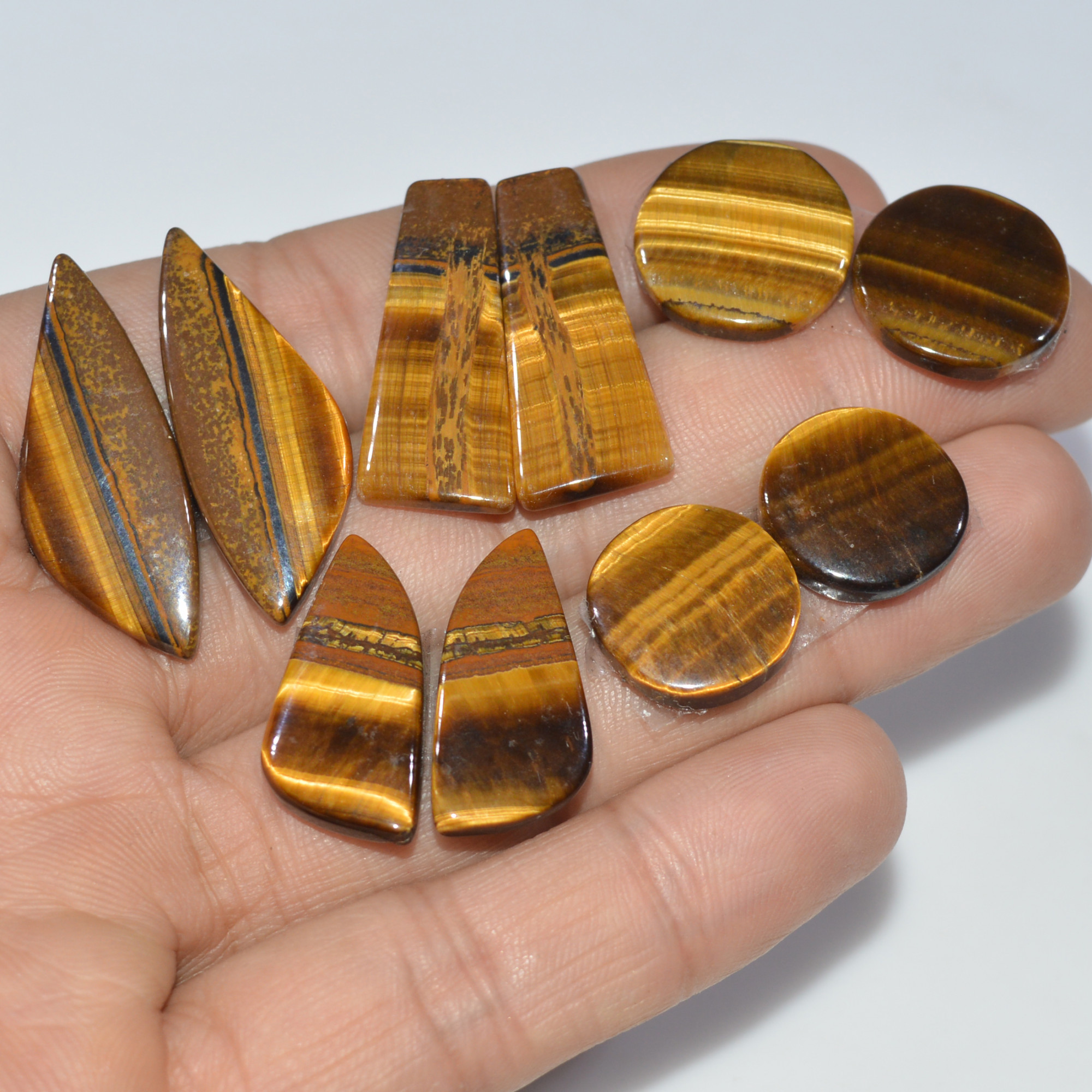 5 Pairs 114 Cts Natural Yellow Tiger Eye Cabochon Semi-Precious Gemstone Earrings Jewelry Making Pairs 32X10 14X14mm 17176