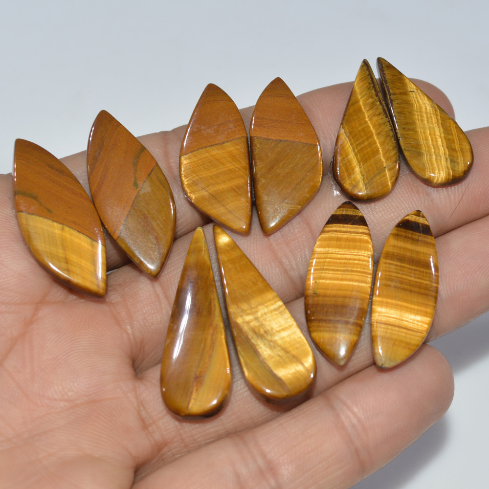 Image of 5 Pairs 121 Cts Natural Yellow Tiger Eye Cabochon Semi-Precious Gemstone Earrings Jewelry Making Pairs 32X10 26X10mm #17177
