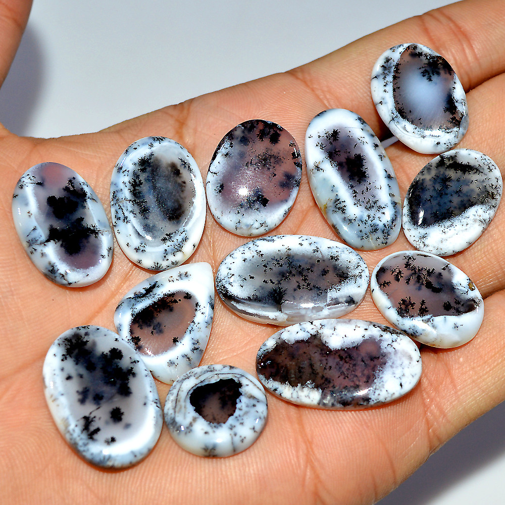 12 Pcs 185 Cts Natural Dendrite Agate Cabochon Loose Gemstone Lot Jewelry Making Semi-Precious Healing Crystal 29x15 15x15mm 17180