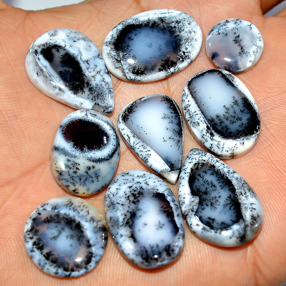 Image of 9 Pcs 123 Cts Natural Dendrite Agate Cabochon Loose Gemstone Lot Jewelry Making Semi-Precious Healing Crystal 25x15 12x12mm #17182