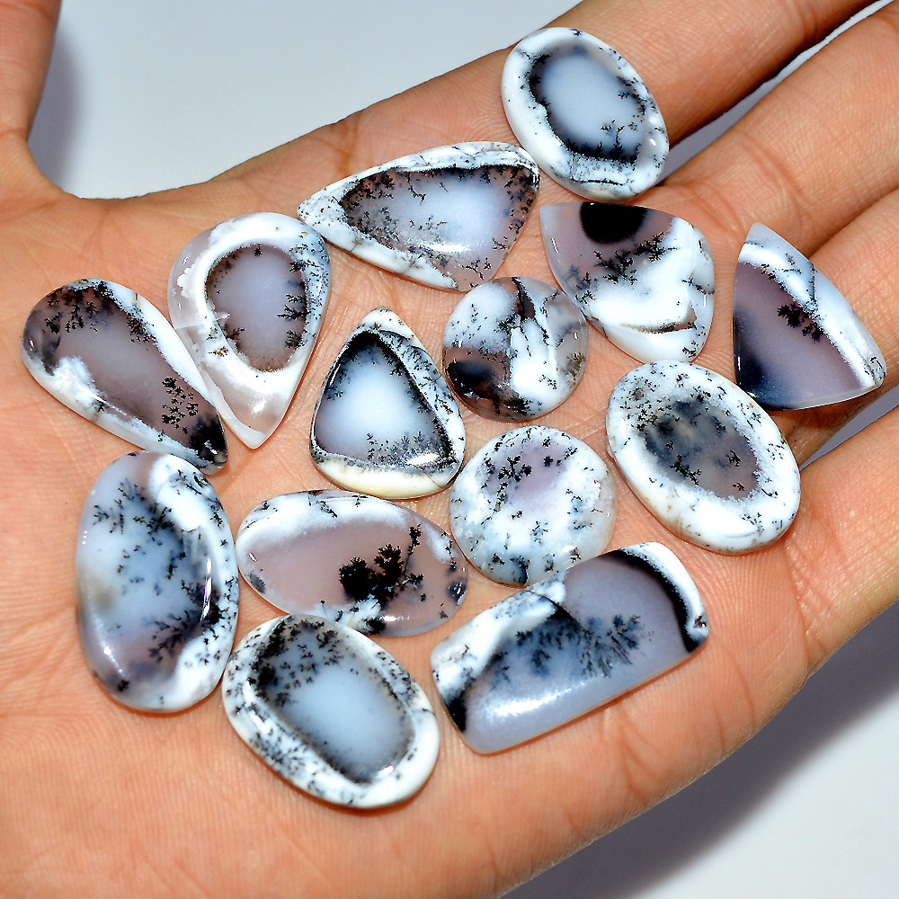 Image of 14 Pcs 195 Cts Natural Dendrite Agate Cabochon Loose Gemstone Lot Jewelry Making Semi-Precious Healing Crystal 27x12 14x14mm #17185