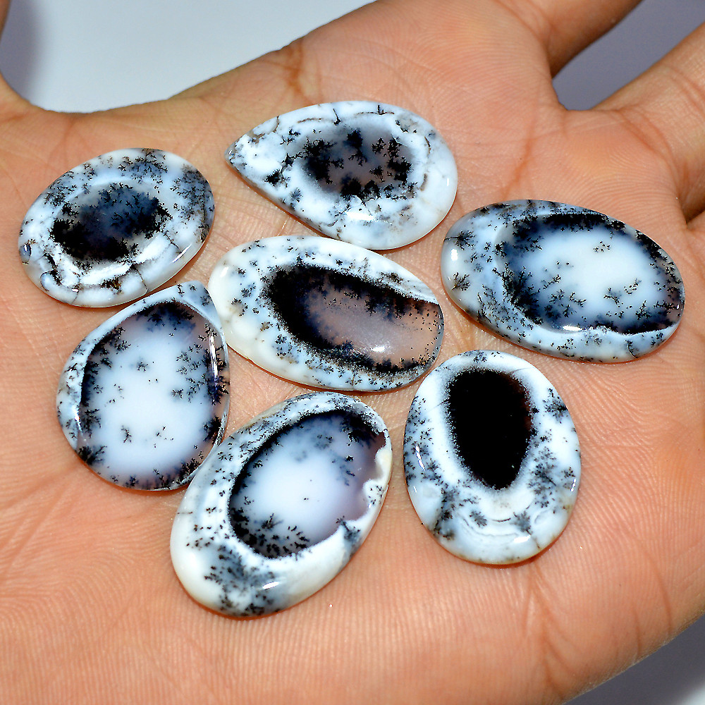 7 Pcs 110 Cts Natural Dendrite Agate Cabochon Loose Gemstone Lot Jewelry Making Semi-Precious Healing Crystal 29x19 23x15mm 17197