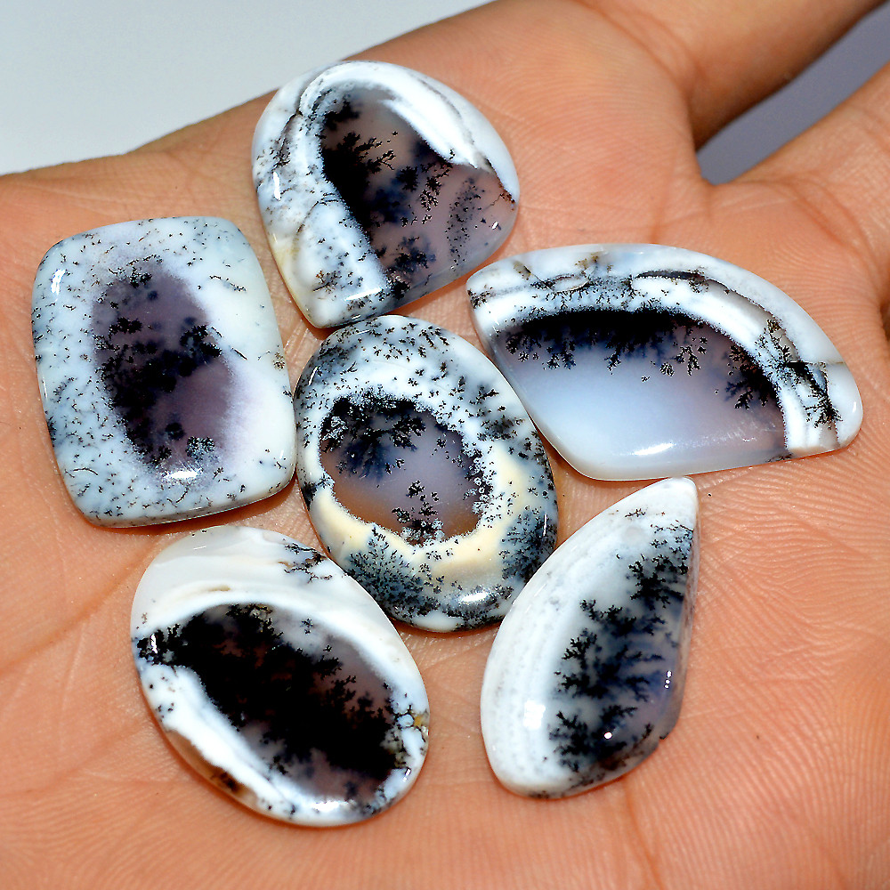 6 Pcs 97 Cts Natural Dendrite Agate Cabochon Loose Gemstone Lot Jewelry Making Semi-Precious Healing Crystal 30x19 22x20mm 17198