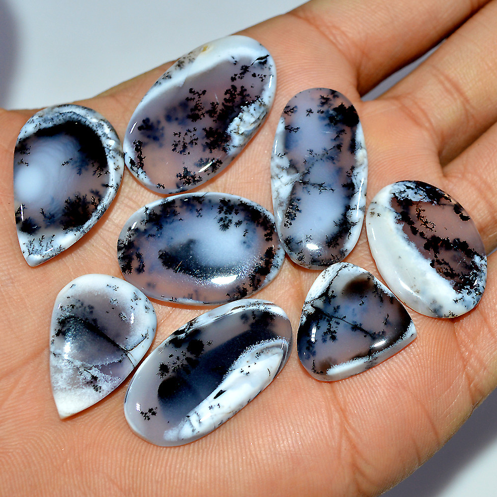 8 Pcs 162 Cts Natural Dendrite Agate Cabochon Loose Gemstone Lot Jewelry Making Semi-Precious Healing Crystal 30x16 18x18mm 17203